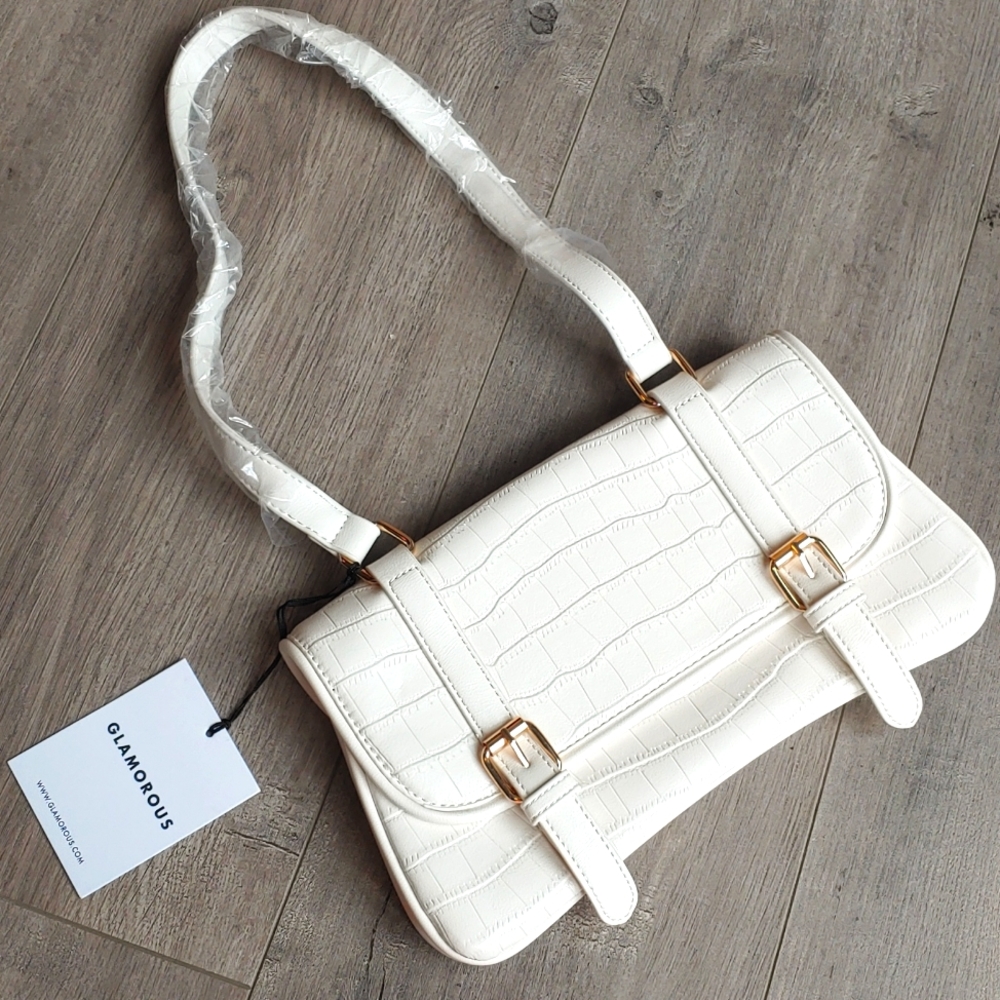 White / Cream croc and gold shoulder bag clutch